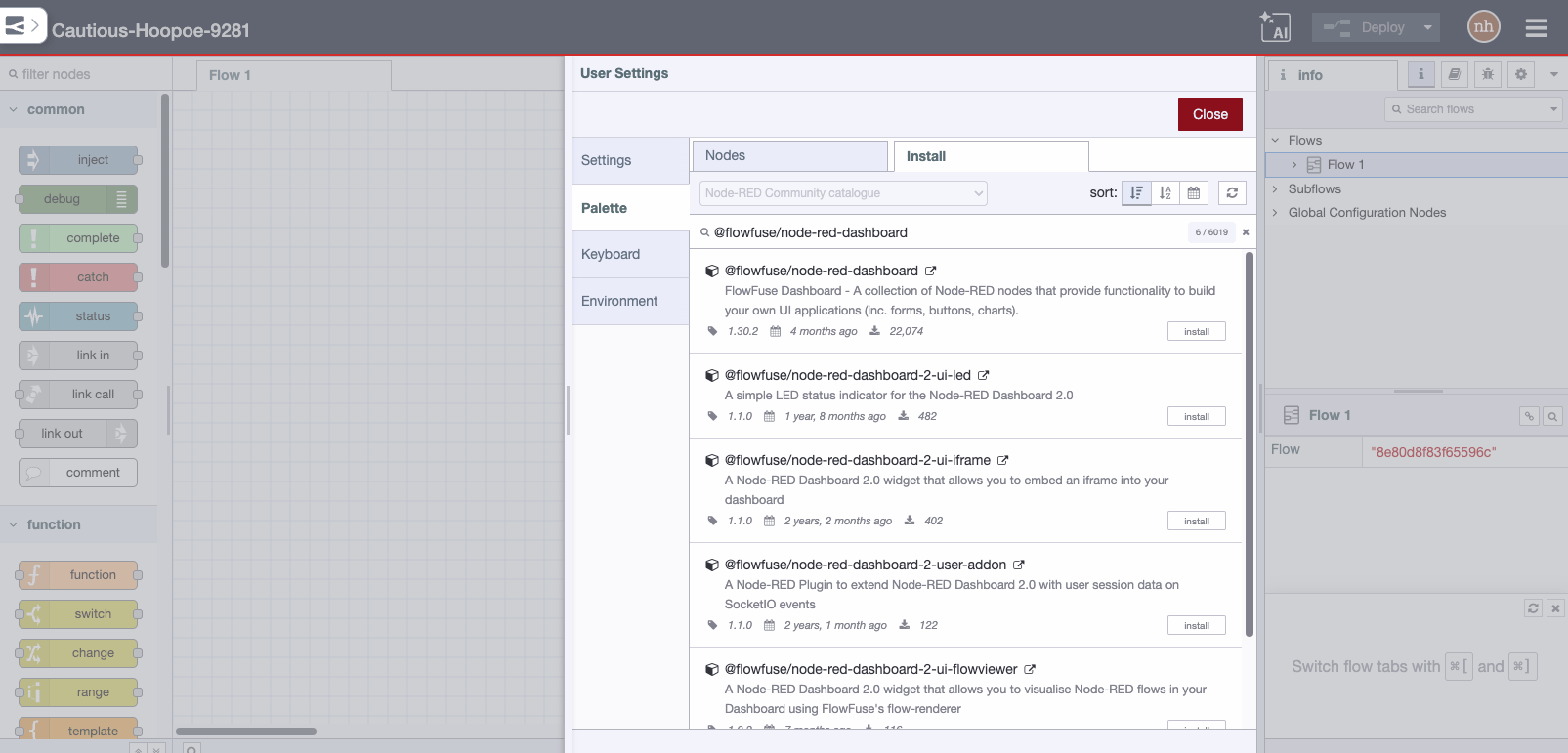 Node-RED Palette Manager dialog with the node selected and the Install button visible.