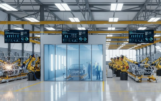 Vehicle manufacturing quality inspection area with production dashboards supporting traceability and quality containment workflows.