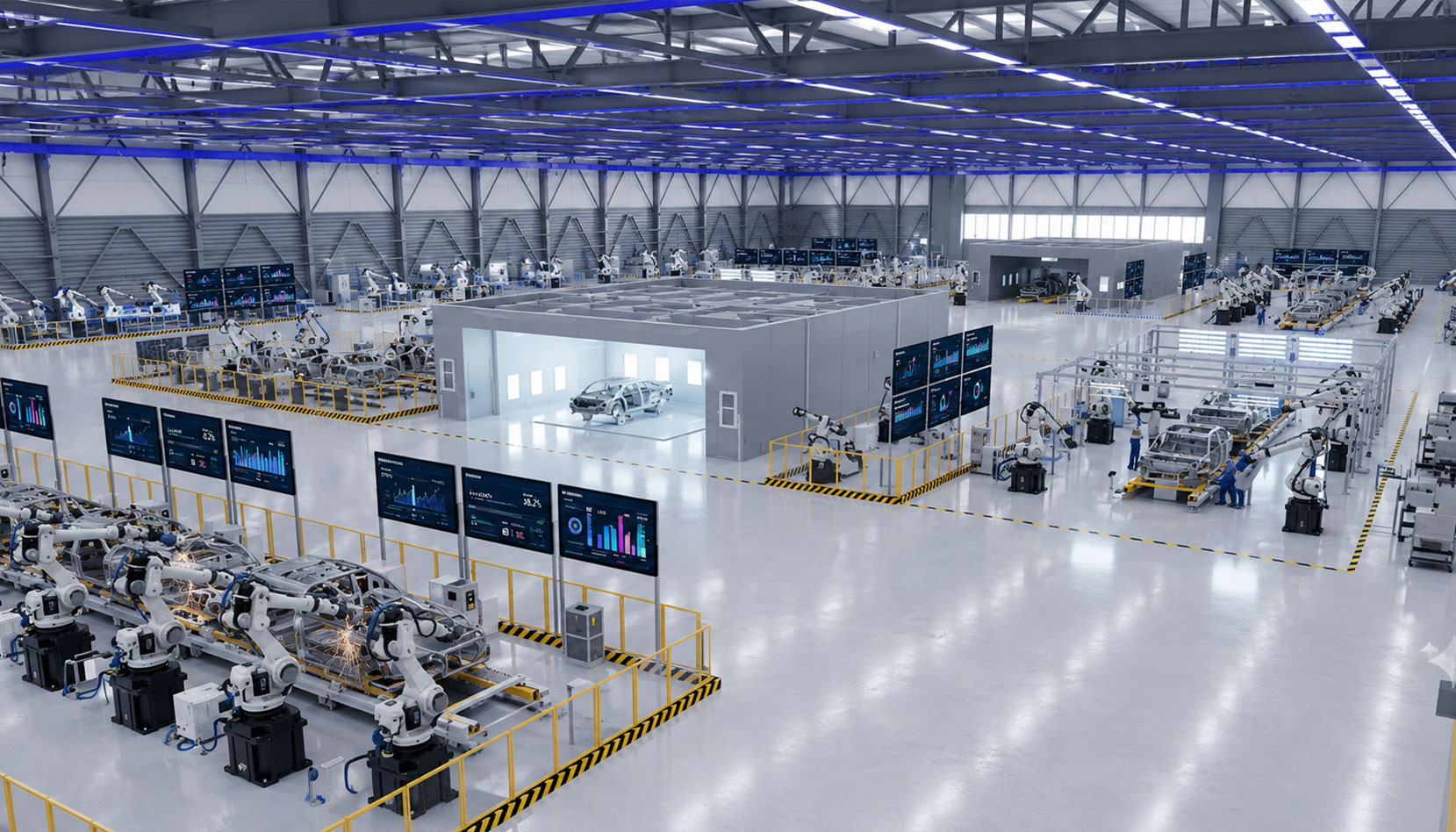 Aerial view of an automotive manufacturing plant with data overlay showing real-time monitoring metrics.